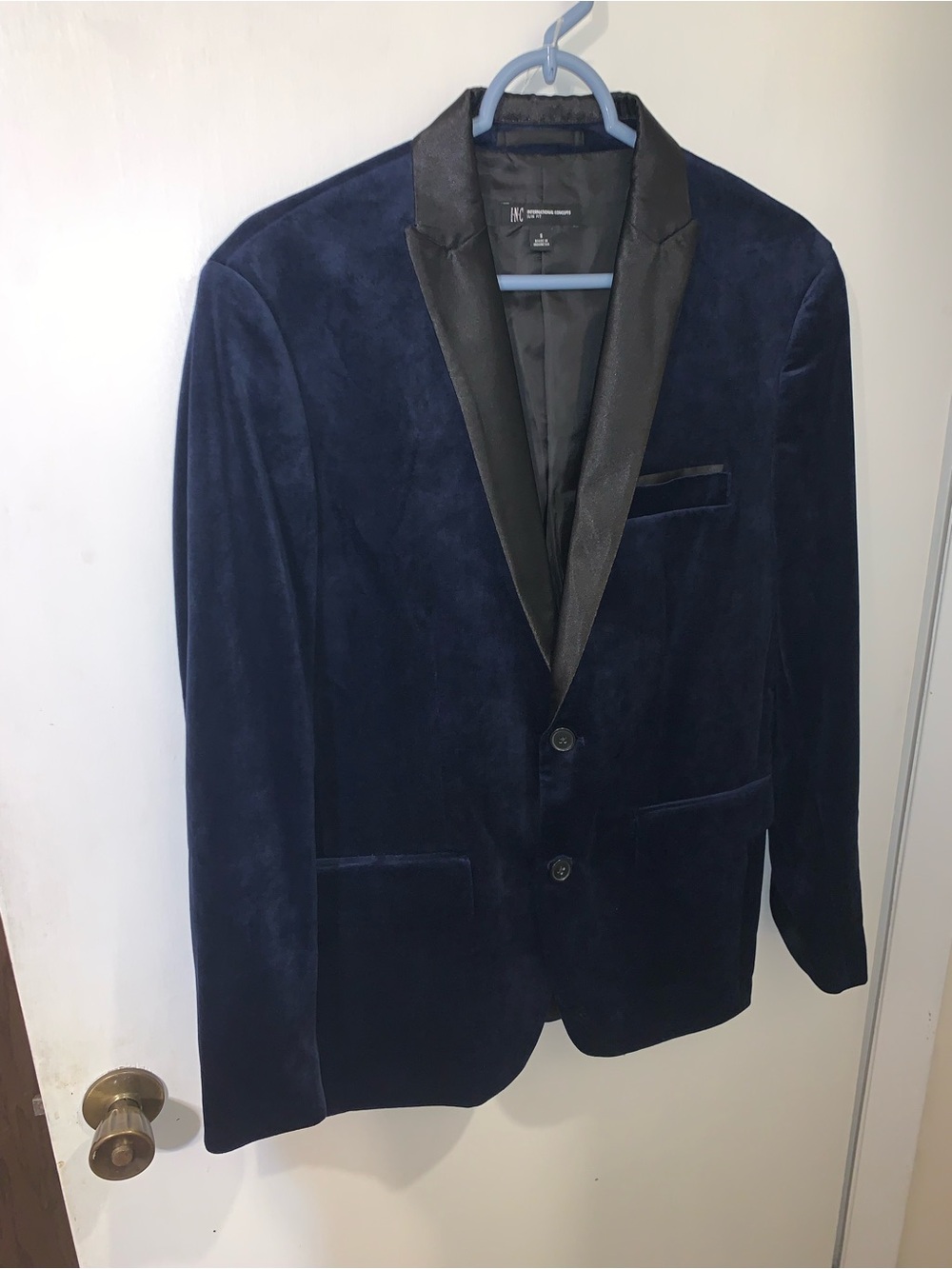 INC International Concepts Navy Velvet Blazer with Black Satin Lapel